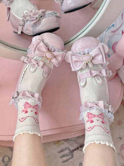 Pink White Kitty Print Lolita Ankle Socks