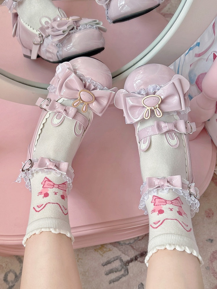 Pink White Kitty Print Lolita Ankle Socks