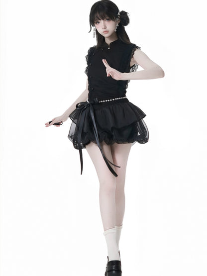Black Cheongsam Style Banded Collar Mini Dress Bubble Skirt with Beaded Waist Chain