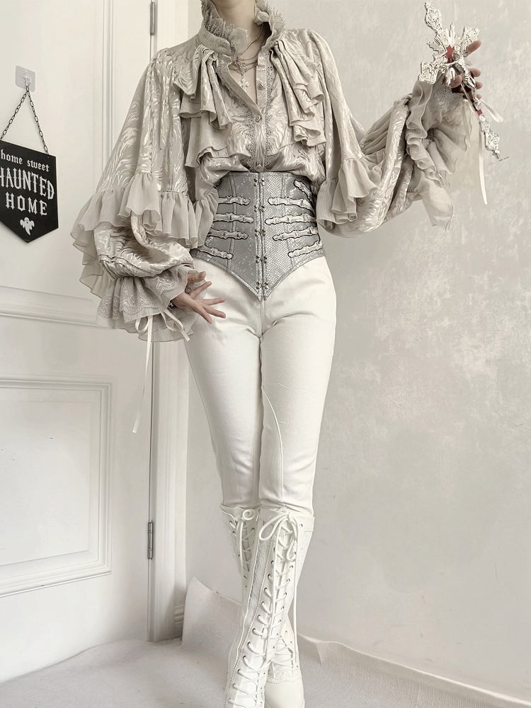 Silver Gothic Lolita Hand bone Embroidery Snakeskin-grain Leather Corset Belt