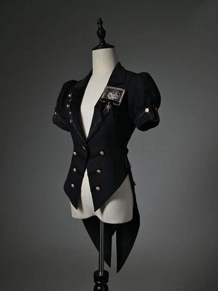 Black Blazer Collar Short Puff Sleeves Split-Tail Top