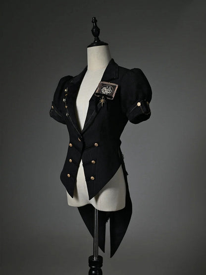 Black Blazer Collar Short Puff Sleeves Split-Tail Top