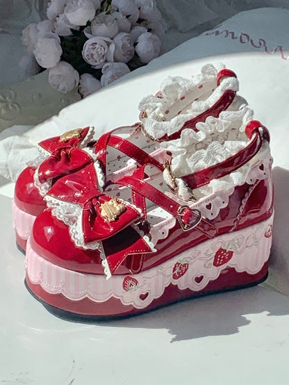 Wine Red Sweet Lolita Mary Janes - Platform Design with Strawberry Decor, Lace Trim & Romantic Clasp