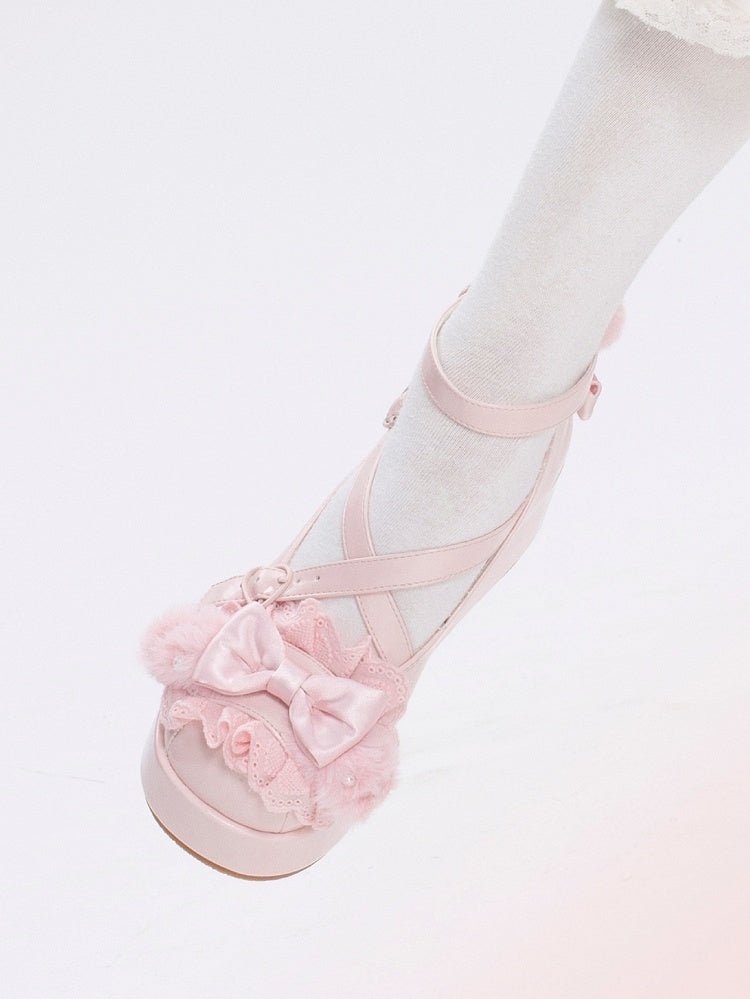 Pink Crisscross Design Plush Bunny Ear Decorated Bow at Top Platforms With Pompon