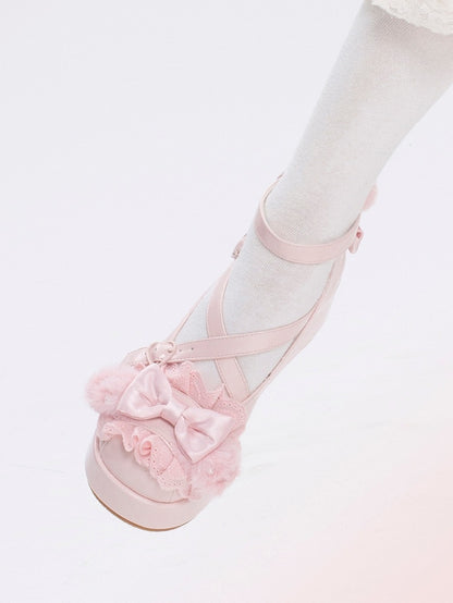 Pink Crisscross Design Plush Bunny Ear Decorated Bow at Top Platforms With Pompon