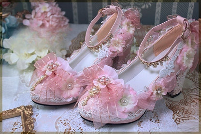 Pink Sakura Hime Lolita Shoes Bow Accents Beaded Detail Princess High Heels