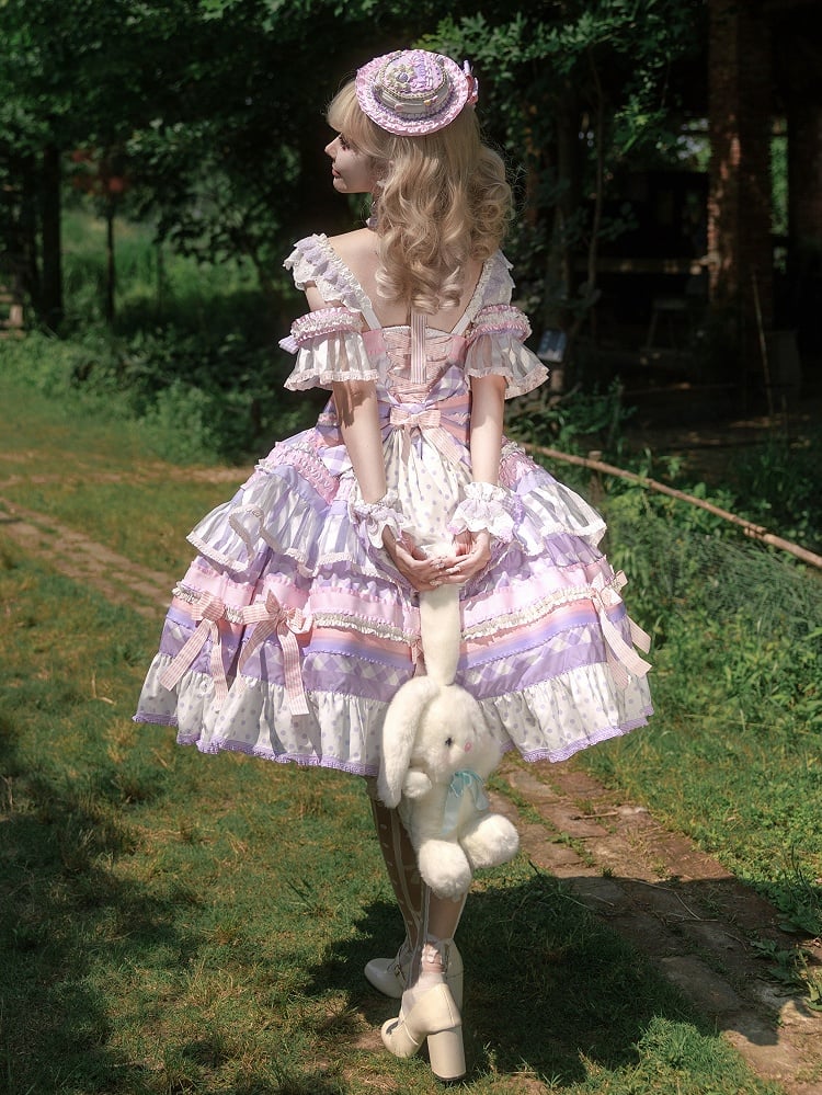 Purple Taro Paste Cake Bow Accents Tiered Skirt Sweet Lolita JSK Full Set