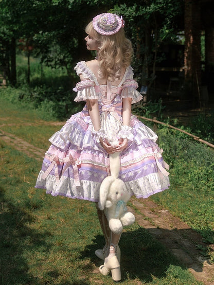 Purple Taro Paste Cake Bow Accents Tiered Skirt Sweet Lolita JSK Full Set