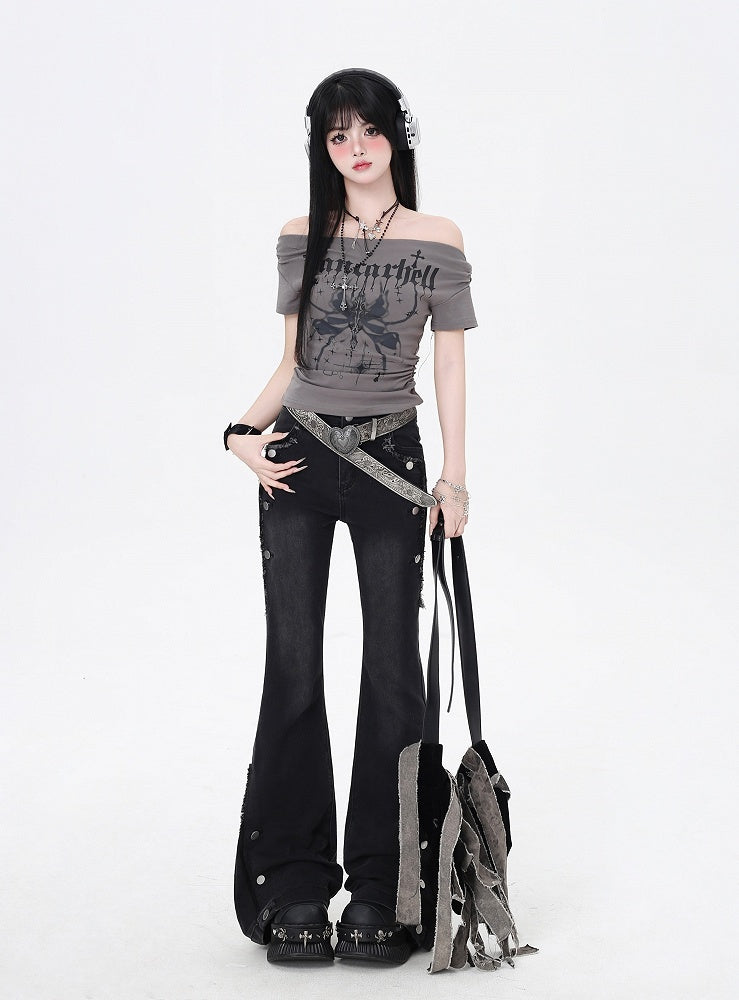 Black Raw Hem Vintage Glamorous Flared Jeans