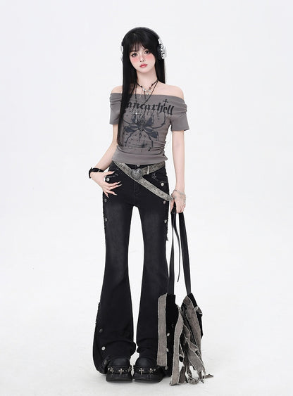 Black Raw Hem Vintage Glamorous Flared Jeans