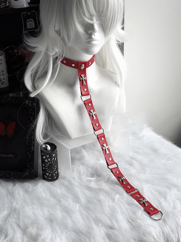Punk Black/Red PU Cross and Stud Embellished Chain Choker