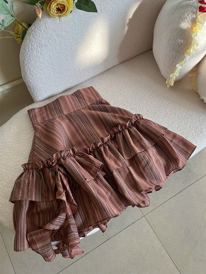 Reddish Brown Vintage Striped Pattern Tiered Ruffle Trim High Waist Skirt