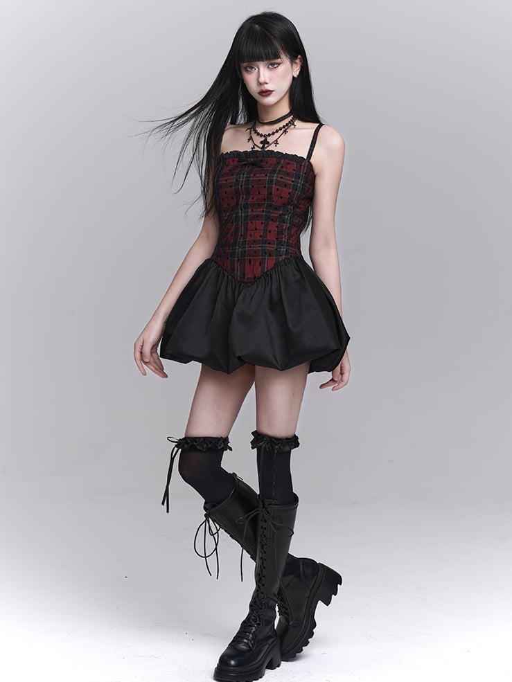 Red Plaid Basque Waist Mini Bubble Skirt Cami Dress