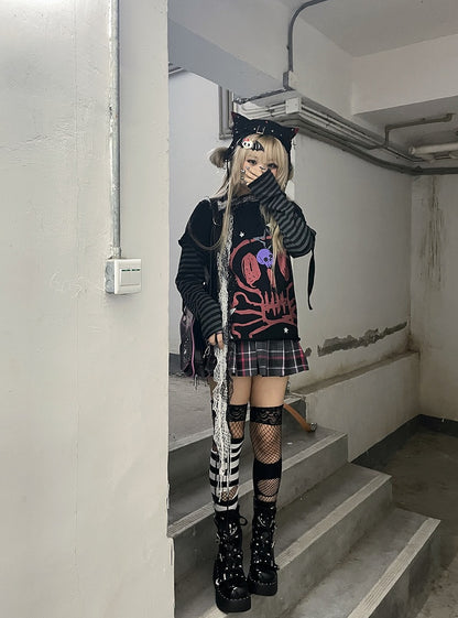 Black Skeleton and Star Print Punk Rock Cotton Top Faux Two-pieces