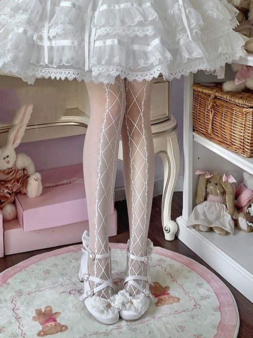 White Crisscorss Banded Print Sweet Lolita Tights