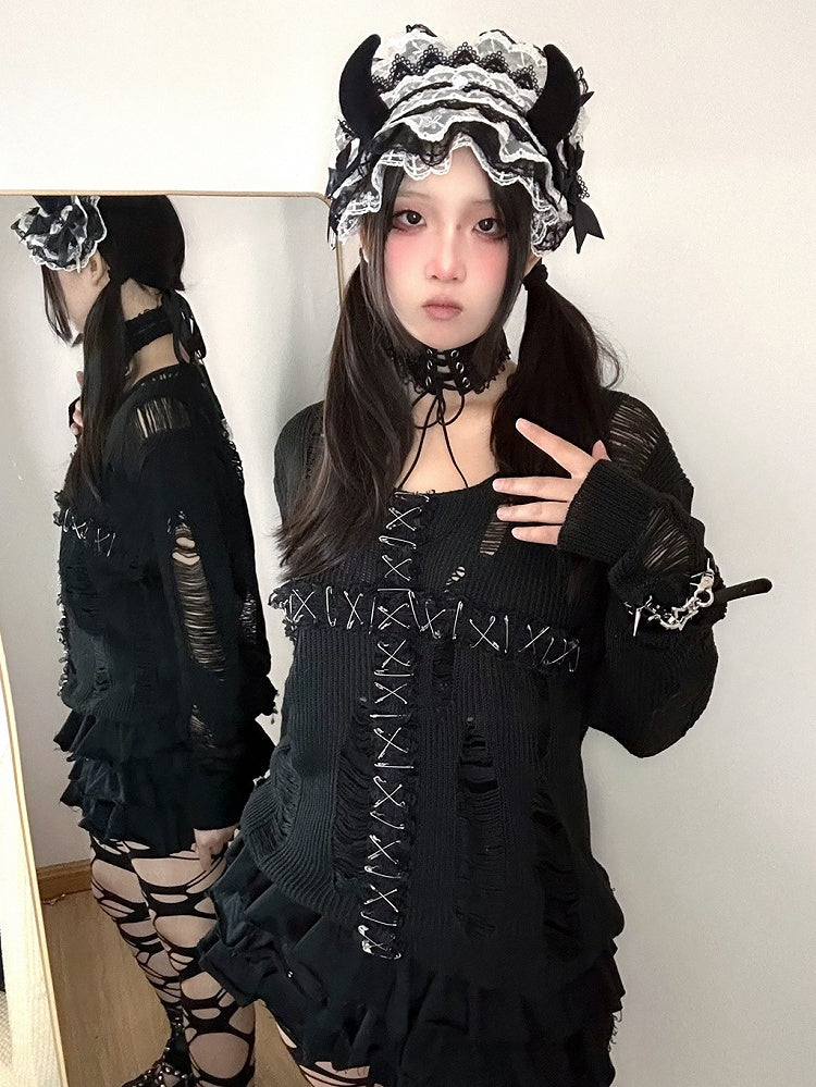 Black/Black & Red Lace Cross Hollowed-out Design Gothic Sweater