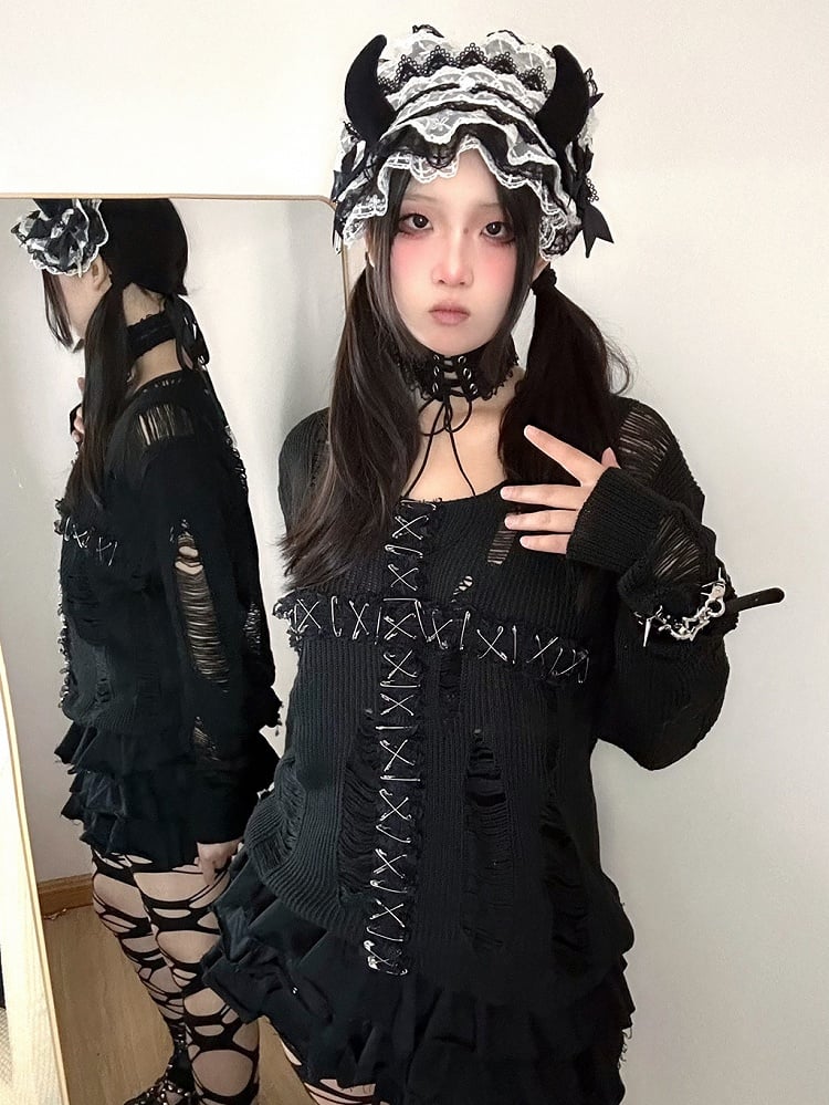 3 Colors Lace Cross Applique Hollowed-out Gothic Sweater + Lace-up Detail Choker