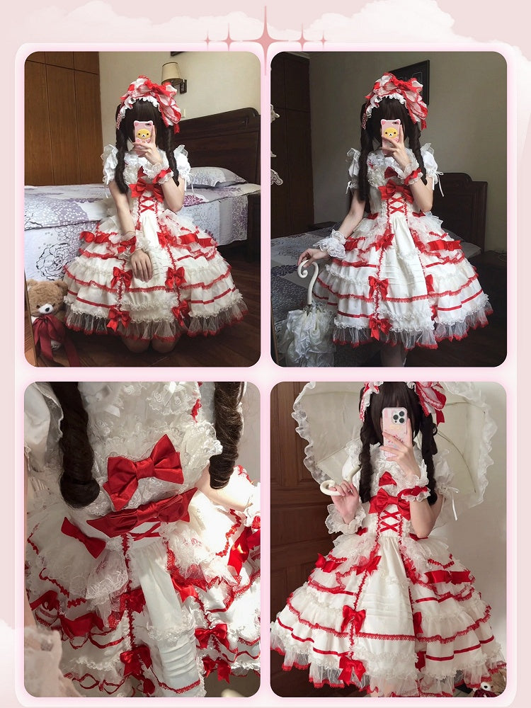 White and Red Sweet Bow Accents Princess Lolita Jumper Skirt