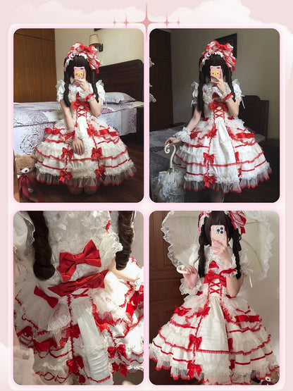 White and Red Sweet Bow Accents Princess Lolita Jumper Skirt