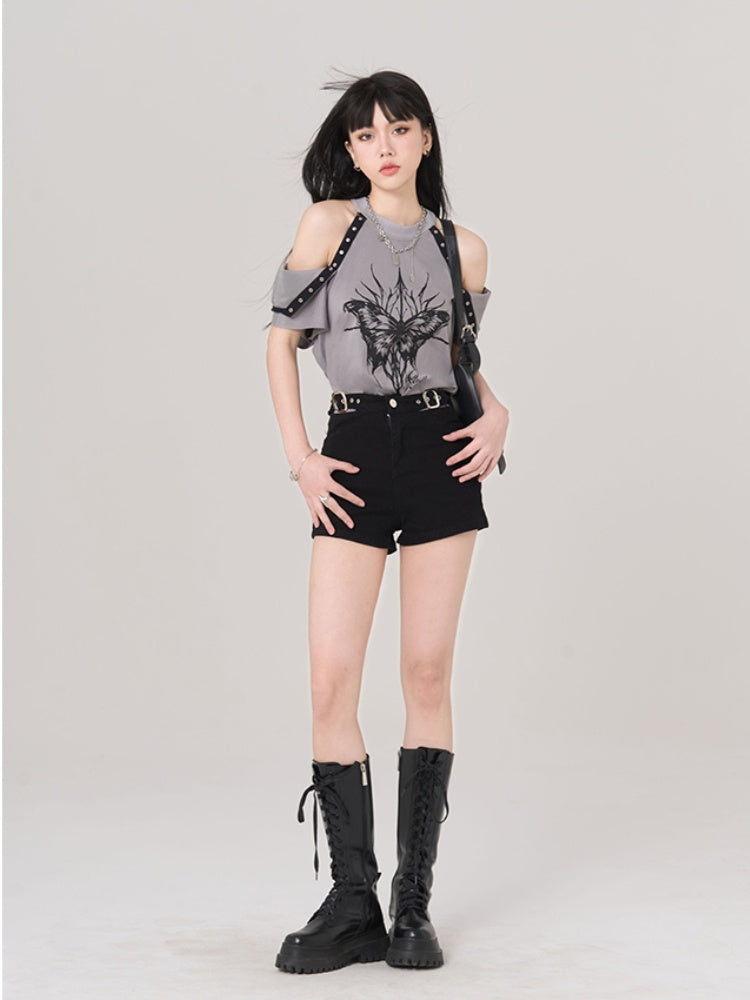 Gray Butterfly Print Cutout Shoulder Loose T-Shirt