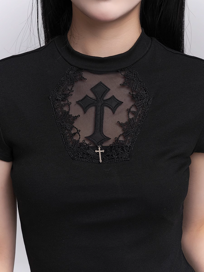 Black Coffin-shaped Cutout Cross Applique T-Shirt