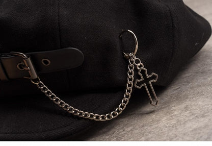 Handmade PU Buckle Black Gothic Beret with Cross Chain