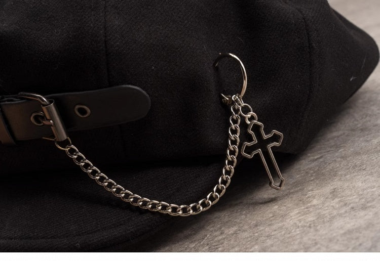 Handmade PU Buckle Black Gothic Beret with Cross Chain