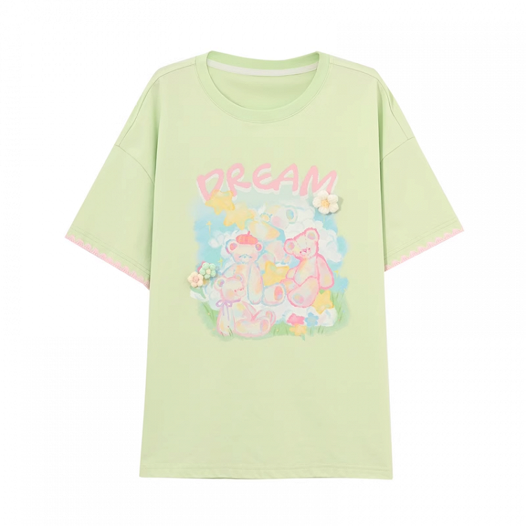 Green Round Neck Teddy Bear Print Knit Floral Accents Loose T-shirt