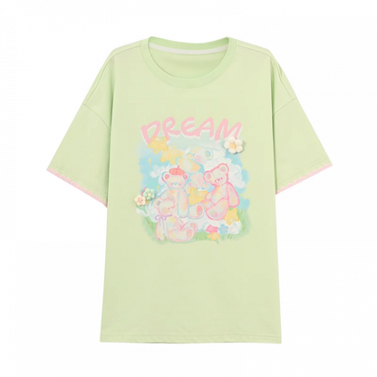 Green Round Neck Teddy Bear Print Knit Floral Accents Loose T-shirt