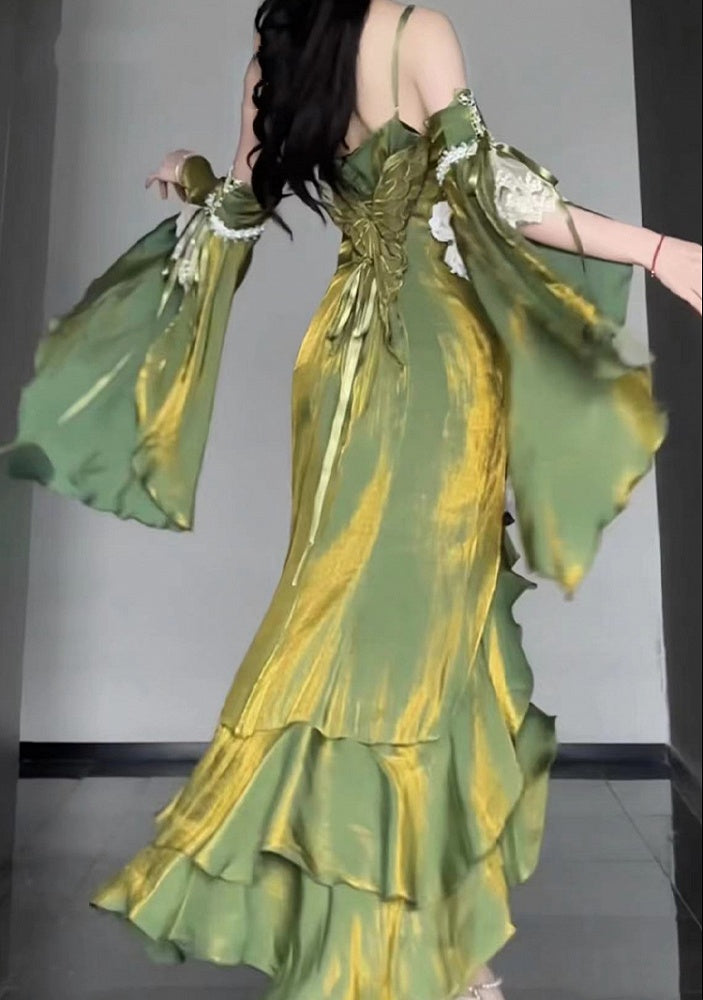 Clearance-Size XL for Bust 94CM Green Evening Gown Rosette Mermaid Dress with Detachable Flounce Sleeves