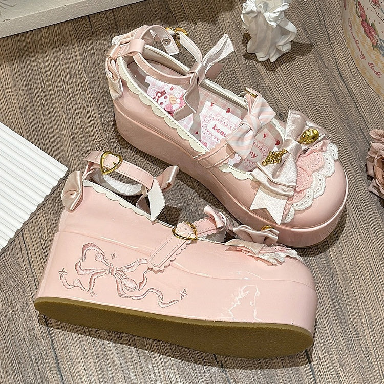 Pink Spoon Decorated Bowknot Details Sweet Lolita Platforms