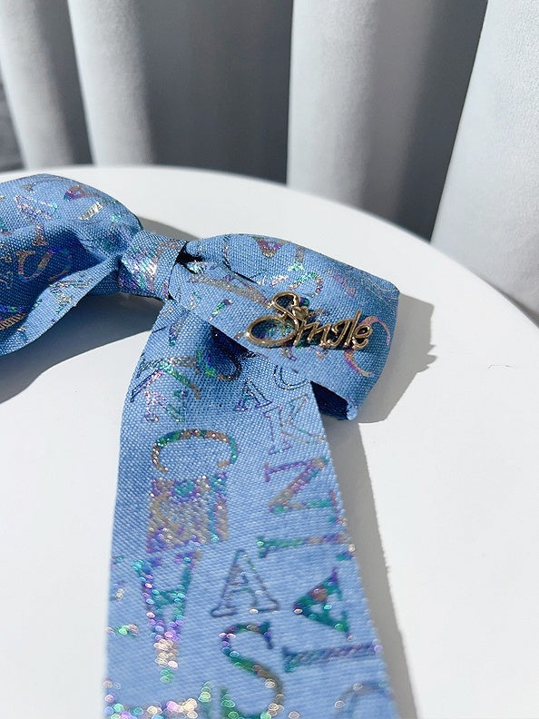 Blue Letter Print Beaded Decorated Bowknot Hairclip