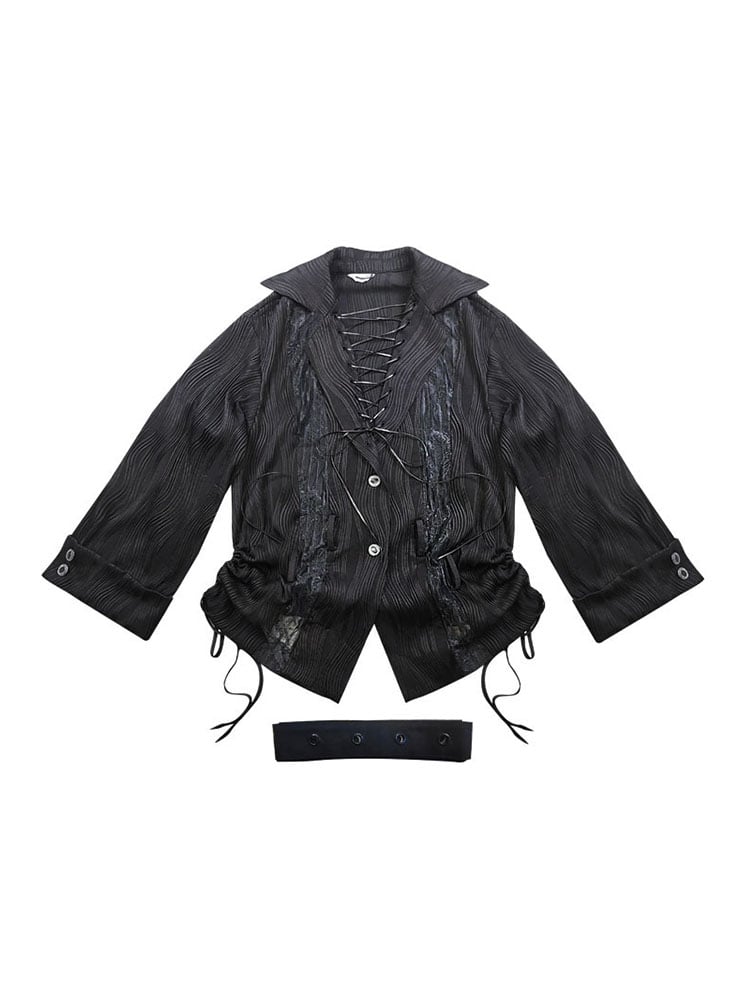 Lace-up Detail Black Punk Shirt with Waist Belt