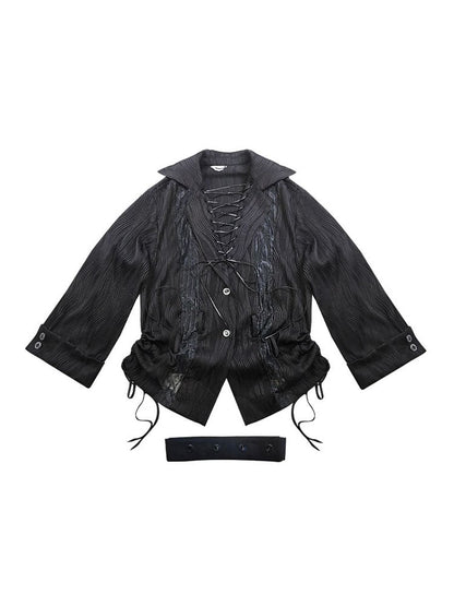 Lace-up Detail Black Punk Shirt with Waist Belt