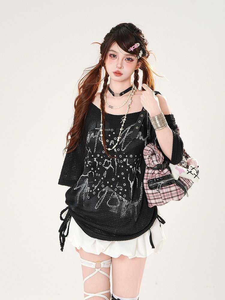 Asymmetrical Neckline Star-shaped Straps Black/White Waffle T-shirt