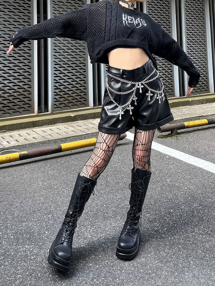 Punk Black Rock PU Shorts with Waist Chains