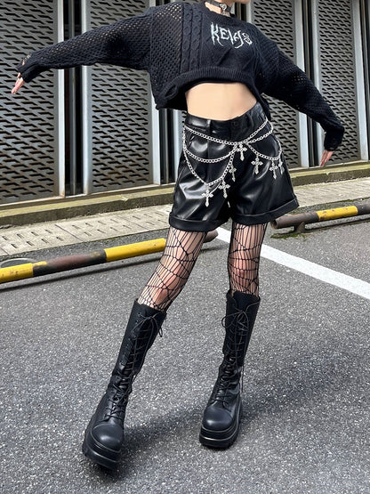Punk Black Rock PU Shorts with Waist Chains