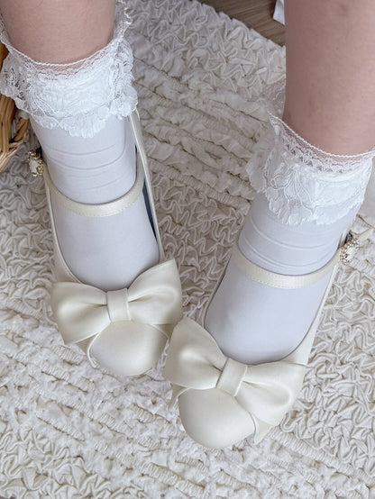 Elegant Creamy White Lolita Stilettos - Crystal Embellished Heart Buckle & Top Bow