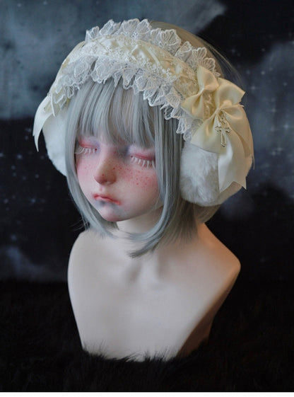 White Handmade Bow Cross Lace Trim Plush Earmuffs