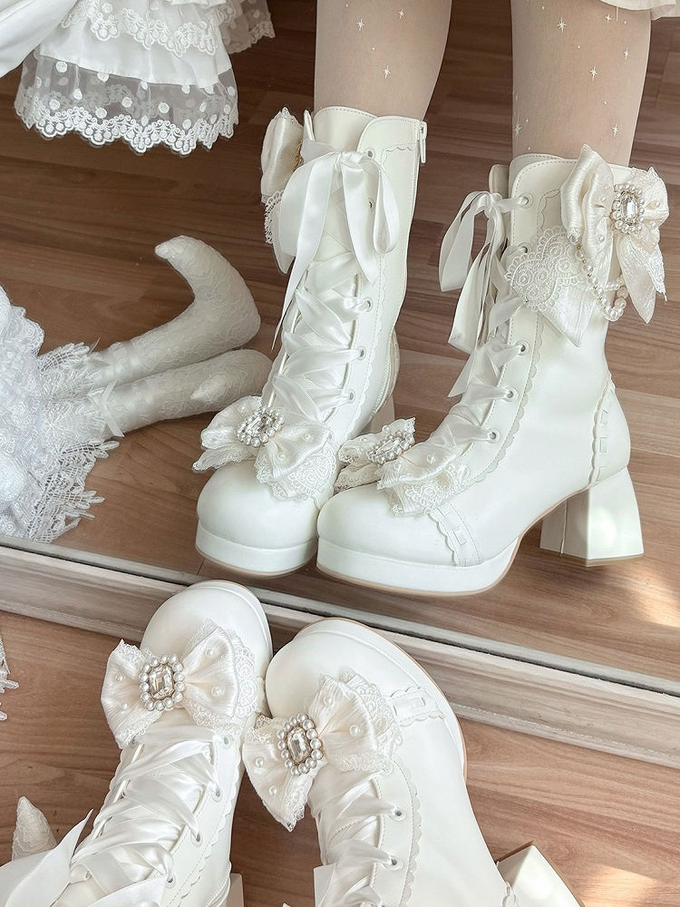 Delicate Bow, Elegant Lacing & Inner Side Zipper PU White Boots in Sweet Lolita
