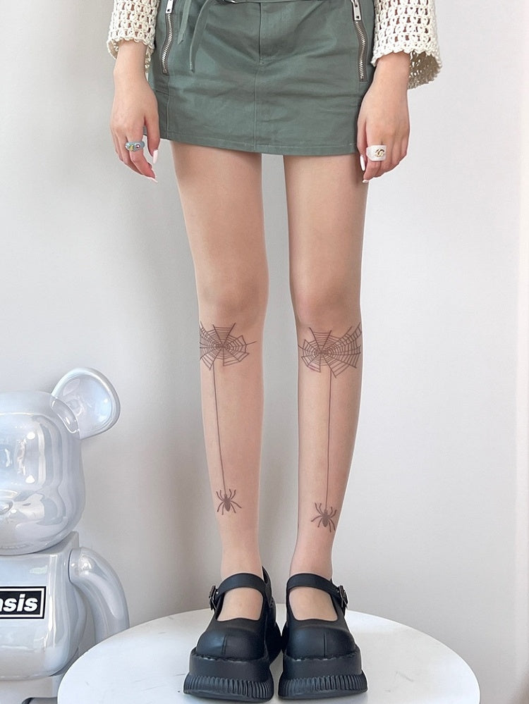 Nude Y2K Spider And Spiderweb Pattern Tights