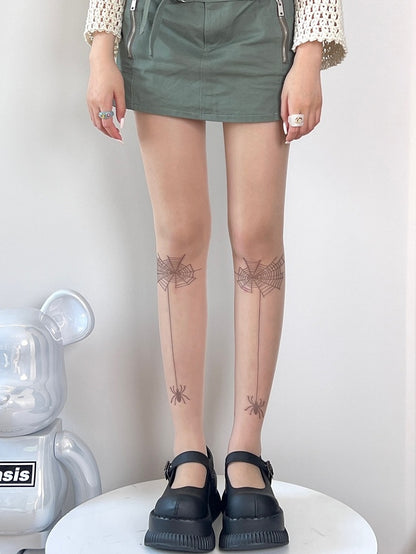 Nude Y2K Spider And Spiderweb Pattern Tights