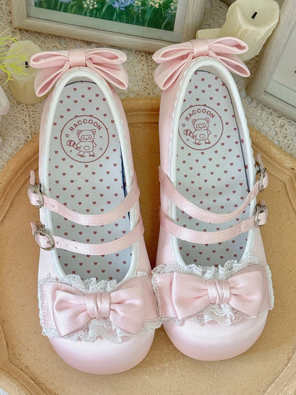 Sweet Pink Lolita Mary Janes - Ruffled Lace Edging, Ornate Bow & Dual Fasteners
