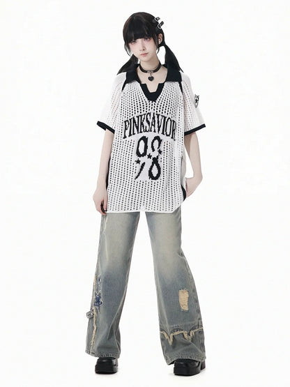 Blue Star Appliques Raw Hem Distressed Wide-leg Jeans with Waist Chain