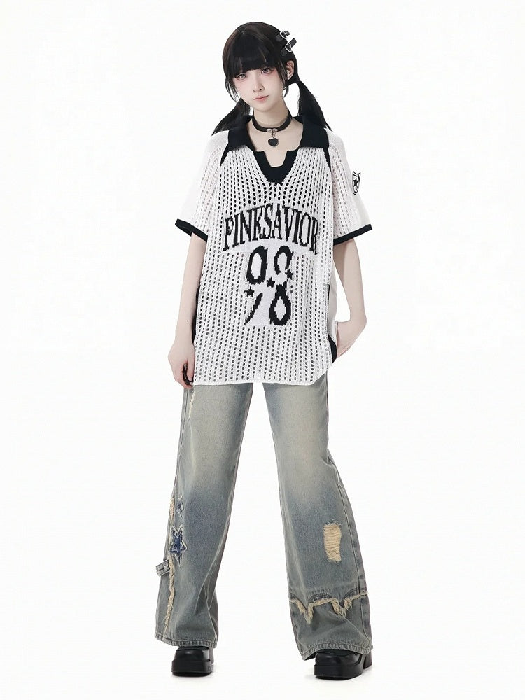 Blue Star Appliques Raw Hem Distressed Wide-leg Jeans with Waist Chain