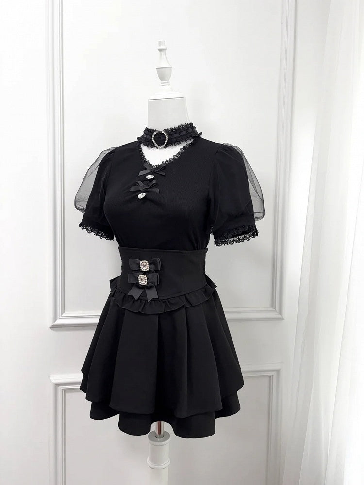 Bowknot and Rhinestone Decoration Choker Design Black Jirai Kei Blouse