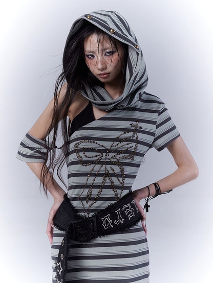 Gray and Green Cutout Shoulder Wasteland Punk Hooded Striped Dress with Buckle Belt