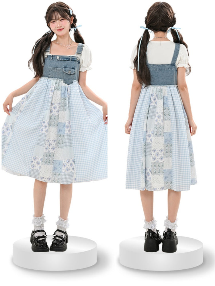 Blue Plaid and Floral Patchwork Design Mori Kei Denim Overall Dress