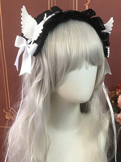 Vintage Gothic Lolita Bowknots Hairband with Angel Wings White&Black/Black