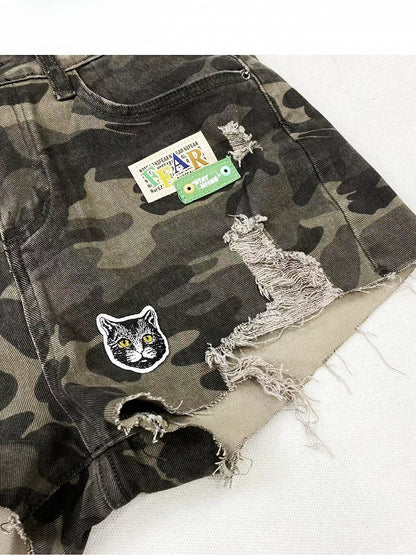 Army Green Y2K Camo Pattern Denim Shorts